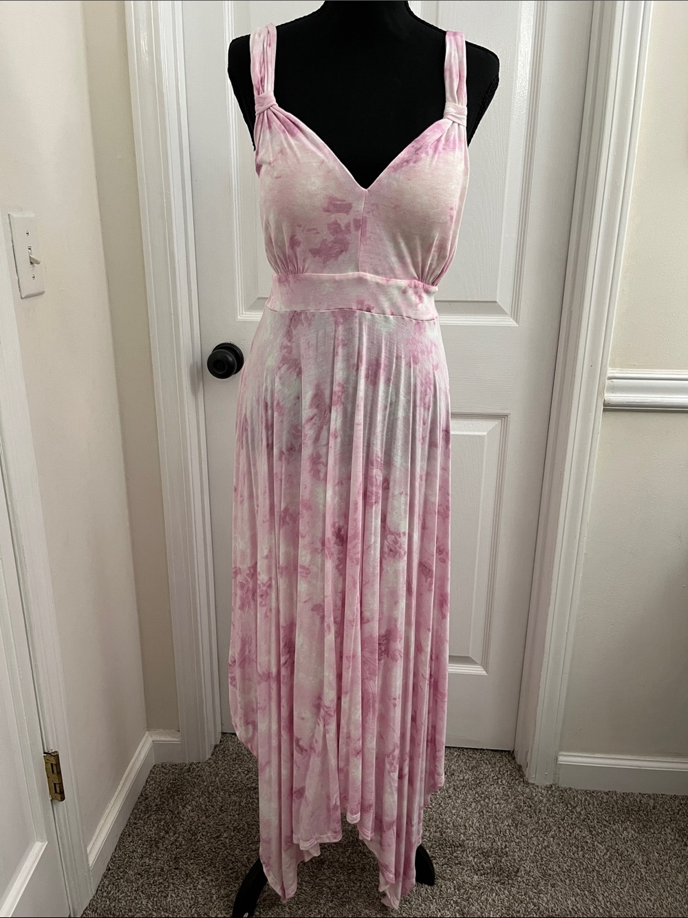 American Rag Pink and White Tie-Dye Smocked Maxi Dress